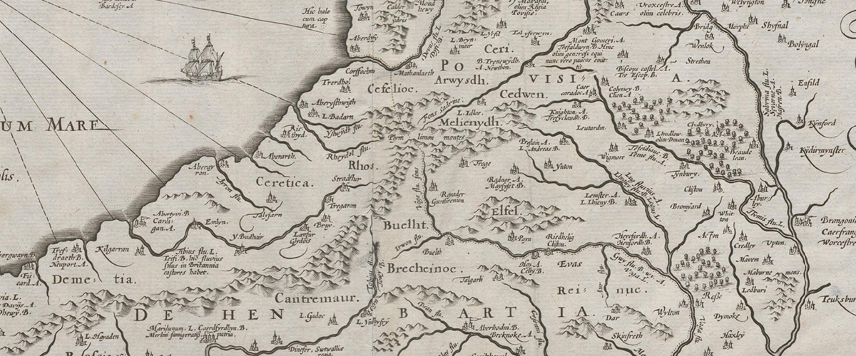 Humphrey Llwyd绘制的威尔士地图的一部分，显示了拉丁、威尔士和英语地名的混合。