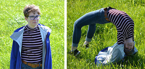 两张照片:左边是苏菲·威拉德·范·西斯廷看着镜头，另一张是再次练习瑜伽。