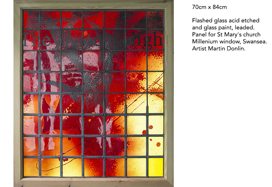 闪光玻璃酸蚀和玻璃漆，含铅。斯旺西圣玛丽教堂千年窗镶板。艺术家马丁Donlin。