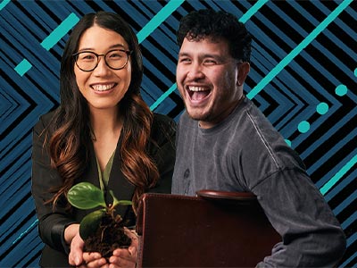 两名学生中国女拿着一株植物，亚洲男拿着一个手提箱