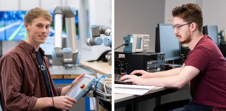 Two photos of students, one working in engineering, one in programming.