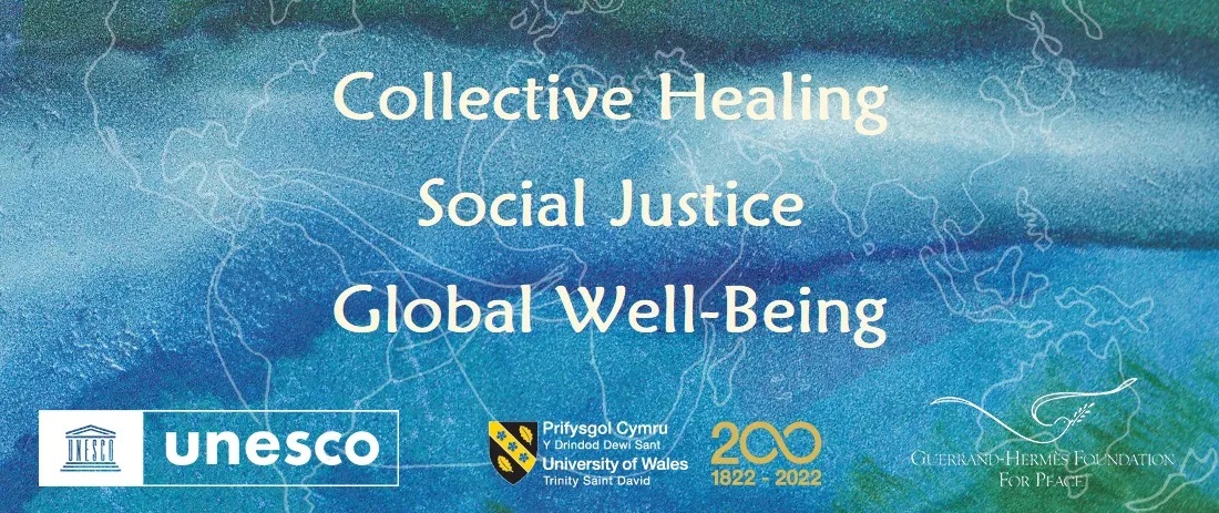 White text on marbled green-blue background, reading: collective healing, social justice, global well-being.