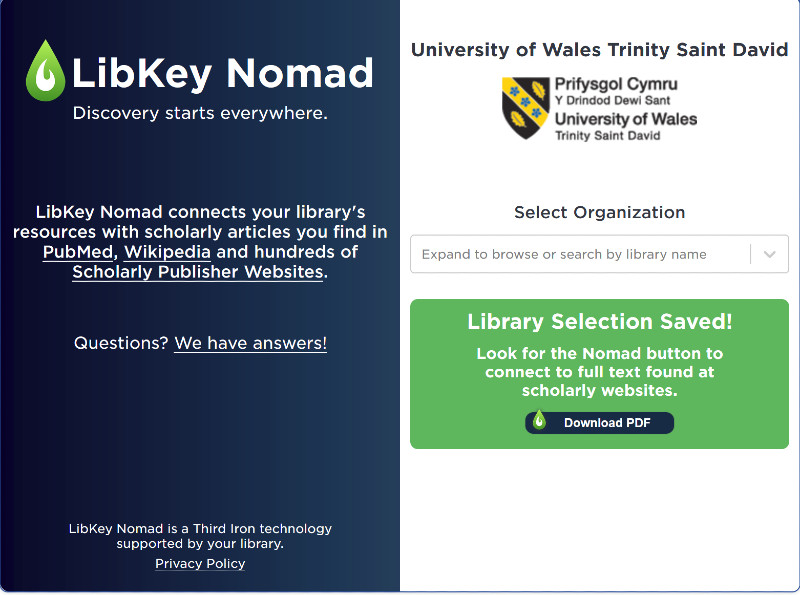 LibKey Nomad选择组织菜单