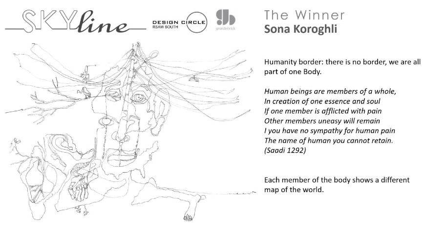 索纳的设计探索了我们之间没有边界的想法;我们都是一个身体的一部分。其中包括13世纪波斯诗人Saadi Shirazi的一首诗。