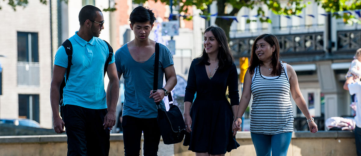 Students walking along street