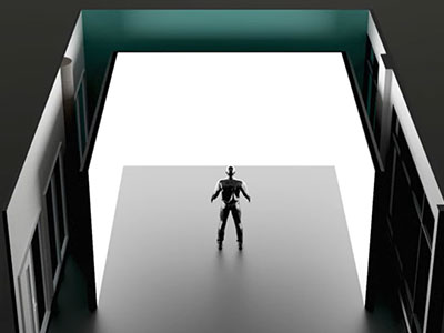 Immersive room figure standing facing screens