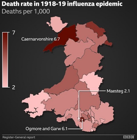 图2：威尔士的甲型流感病例的地图1918-1919 / FFIG 2：地图y Gofrestr gyffredinol o achosion y ffliw yng nghymru 1918-1919