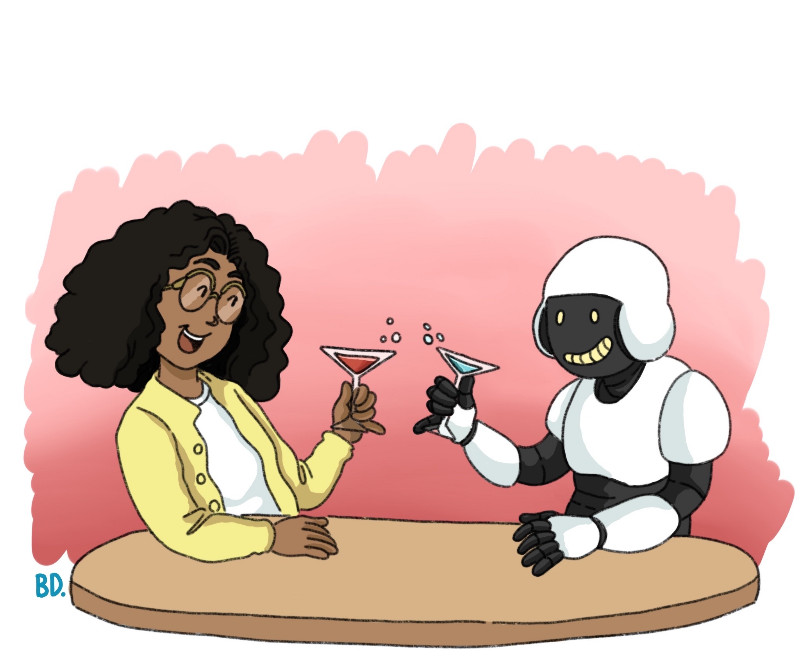 一幅漫画，一个女人和一个机器人在桌子旁笑着，用他们的鸡尾酒杯敬酒。